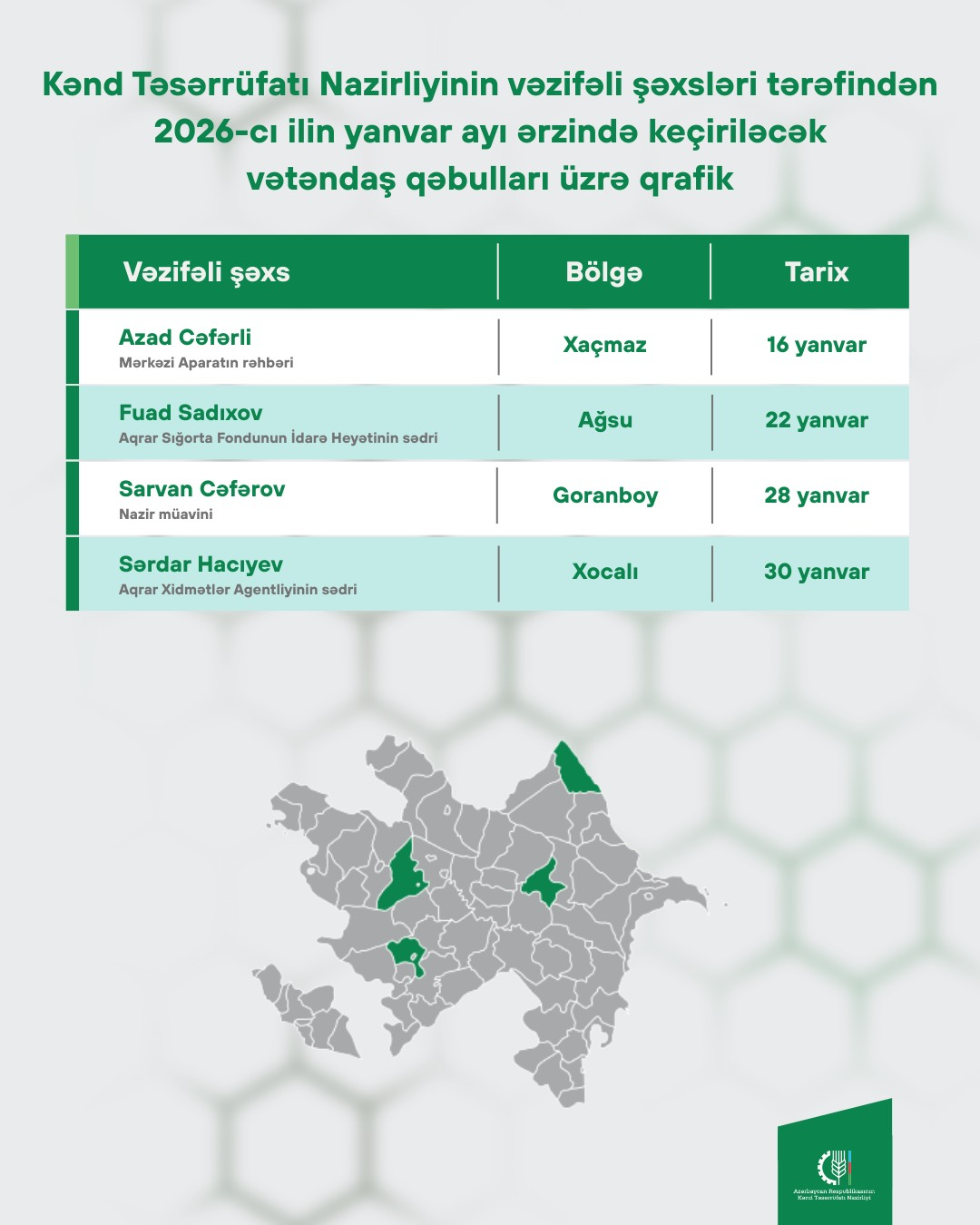 KTN-in vəzifəli şəxslərinin yanvarda keçirəcəyi vətəndaş qəbullarının qrafiki